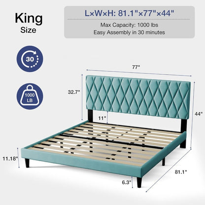 King Platform Bed Frame with Storage Space, Fabric Upholstered Headboard, Fully Upholstered Mattress Foundation, No Box Spring N