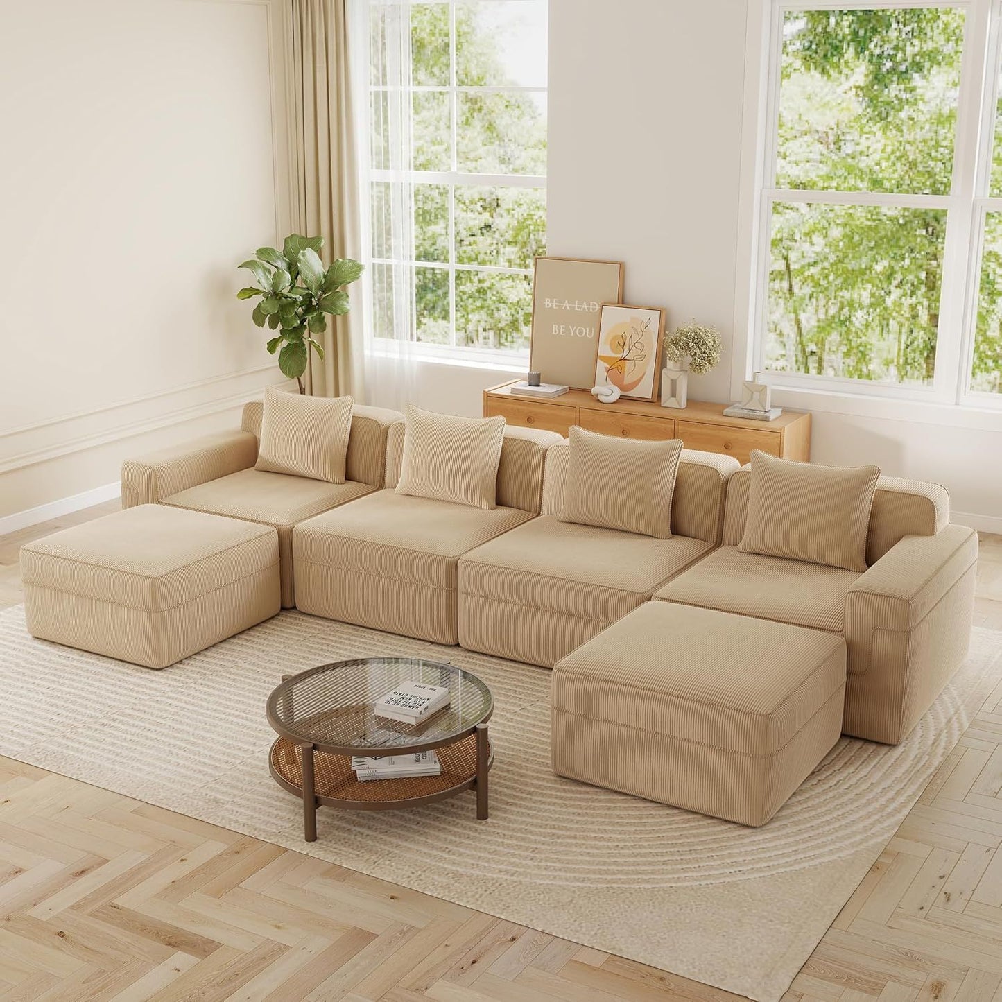 153.5" Luxury Modular Sectional Cloud Couch – Boneless Deep-Seat Corduroy Sofa for Living Room, Modern & No Assembly