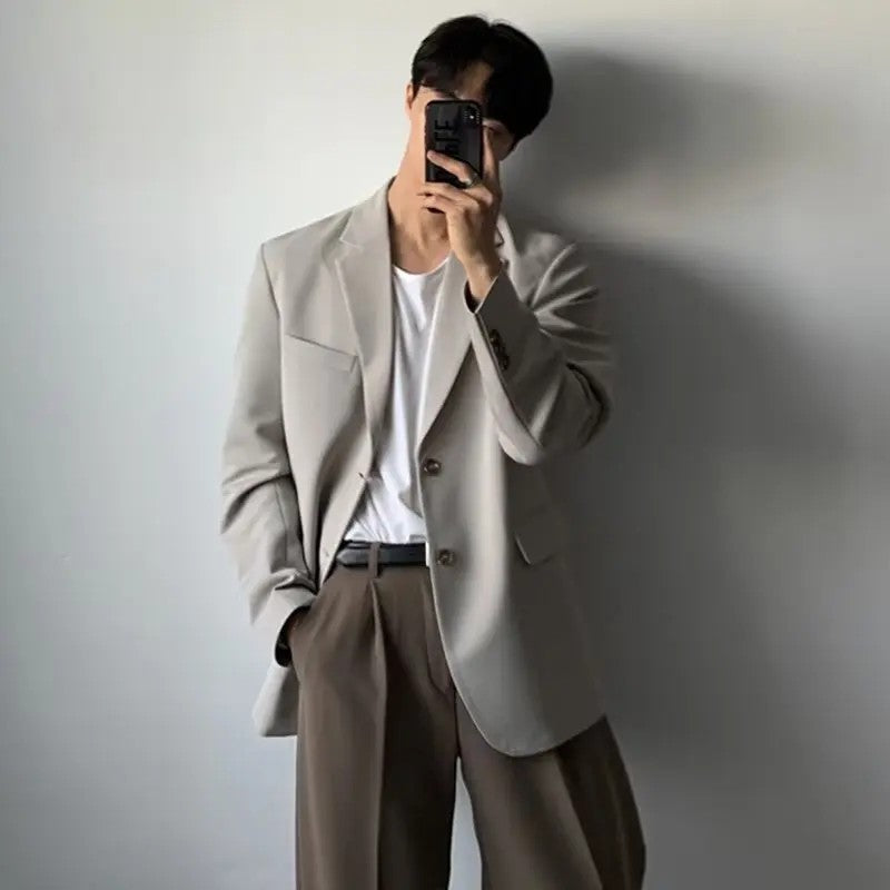 Korean Men's Casual Blazer Western-style Loose-fit Black Single-breasted Jacket Autumn Trendy Dongdaemun Style Clothes