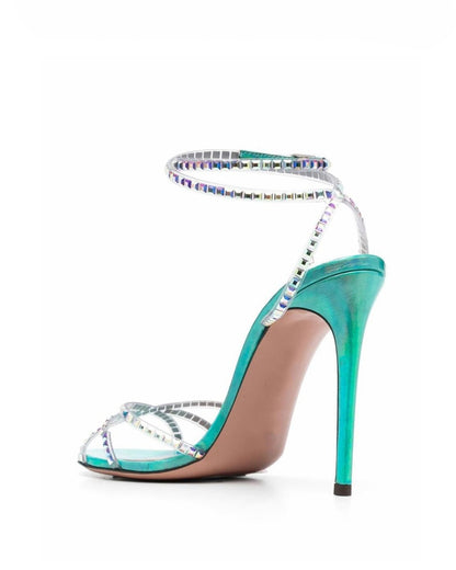 Luxury Shinny Crystal Diamond Stiletto High Heel Sandals Female Blue Buckle Ankle Strap Sandal Shoes Party Belt 2025 New Summer