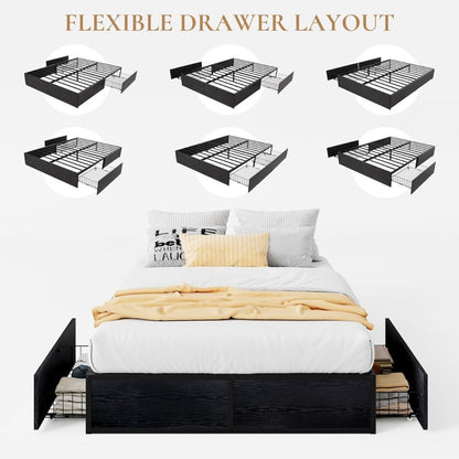 Cama Queen com Estrutura, 2 Gavetas Grandes de Armazenamento, Silenciosa, Fácil de Montar, Não Precisa de Box Spring, Cama com Armazenamento