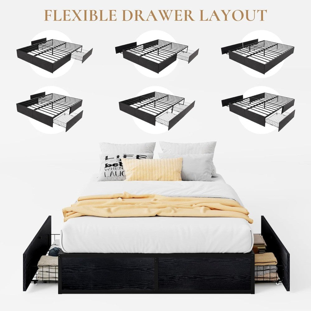 Cama Queen com Estrutura, 2 Gavetas Grandes de Armazenamento, Silenciosa, Fácil de Montar, Não Precisa de Box Spring, Cama com Armazenamento