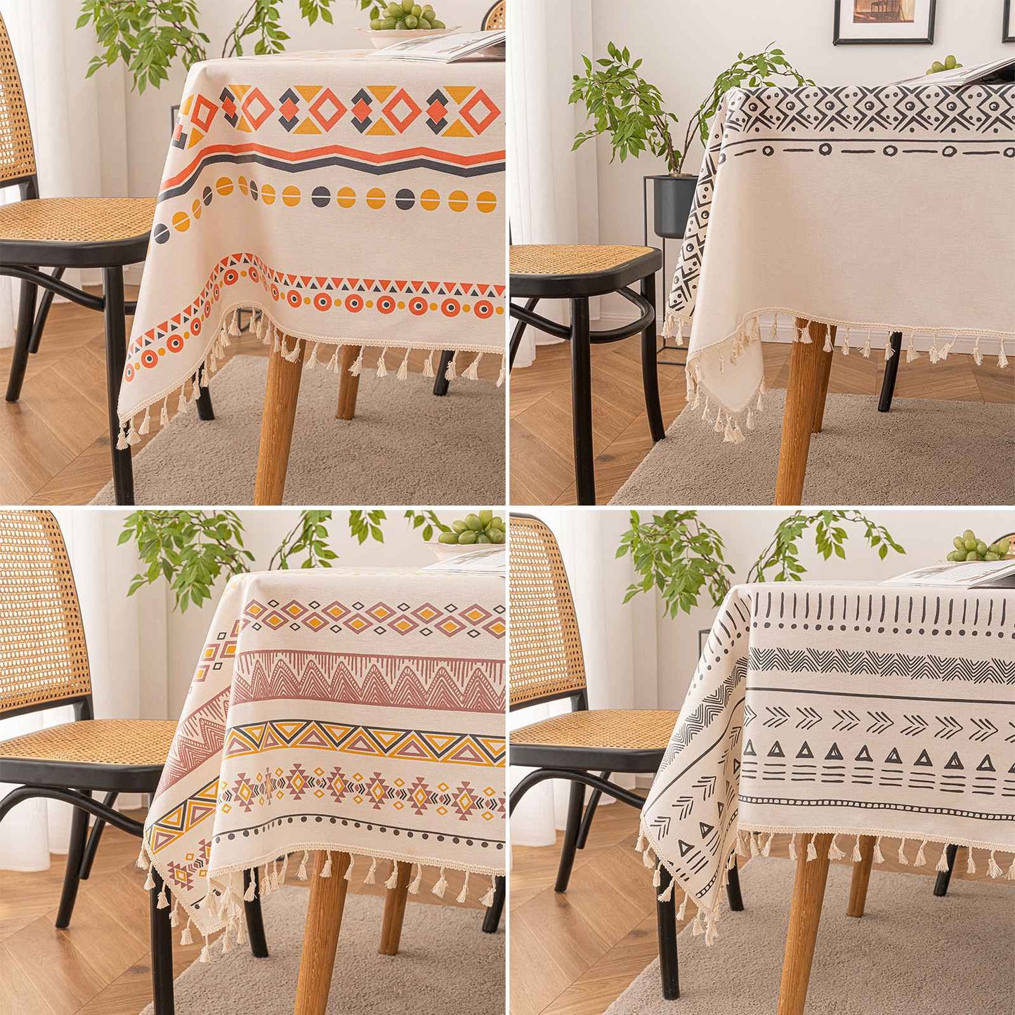 Vintage Boho Tassel Table Cloth Waterproof Cotton Linen Bohemian Tablecloth Patio Outdoor Wrinkle Free Table Protector Covers