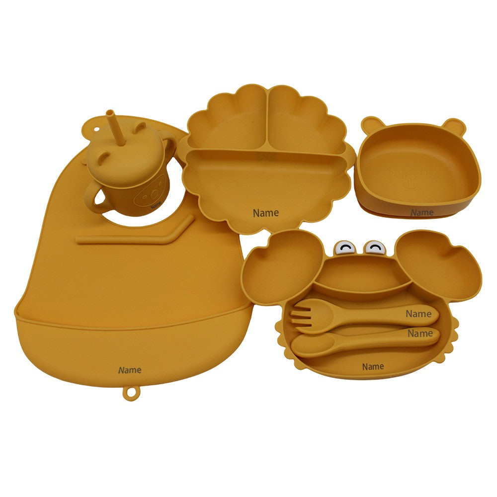 Free Name Printing Children's Tableware Set: Bib, Plate, Cup, Fork & Spoon. Silicone Material. Personalized Gift.