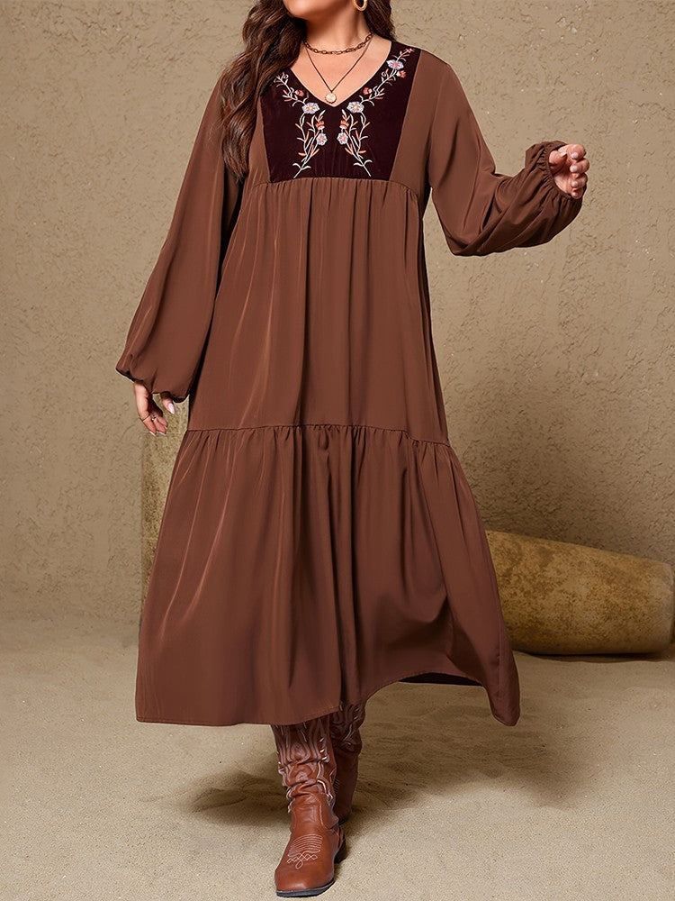 New Plus Size Women's Retro Floral Print V-Neck Maxi Dress Lantern Sleeves Ruffle Hem Loose Dress Elegant Holiday Party Dress