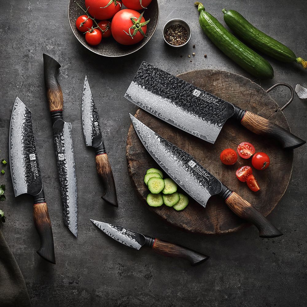 XINZUO 1-6-Piece Damascus Knife Set 67-Layer Steel White Oak Red G10 Handles Paring Utility Cleaver Santoku Bread Knife