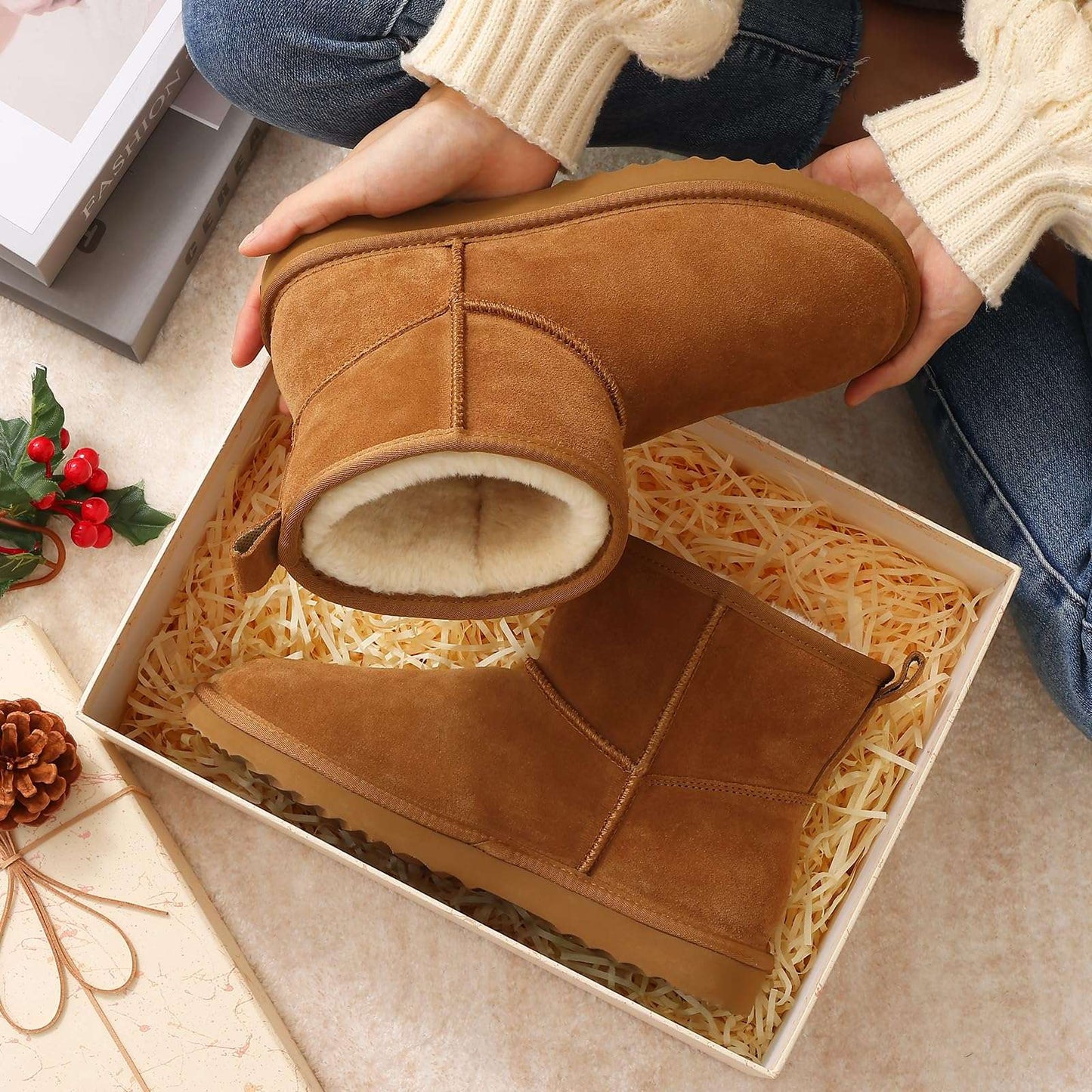 Evshine Winter Mini Snow Boots For Women Plush Lined Warm Suede Snow Boots Comfy Fuzzy Boots Fur Home Ankle Boots Lady Snow Boot