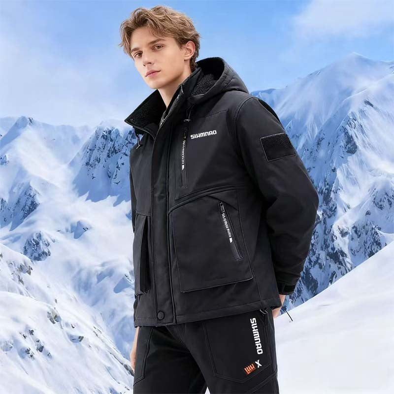 2026 Conjunto de Ciclismo com Capuz Soft Shell de Pele de Tubarão para Uso Externo, Conjunto de Pesca Quente de Veludo Masculino, Conjunto de Assalto de Soft Shell e Veludo