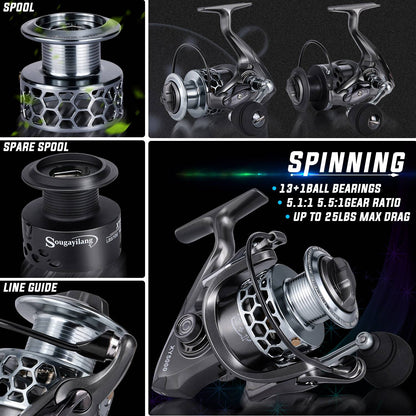 Kit Vara de Pesca Telescópica Sougayilang 1.8-2.7m e Carretilha de Pesca com Carretel de Alumínio de Alta Velocidade 5.1:1 com Linha de Pesca e Bolsa para Iscas