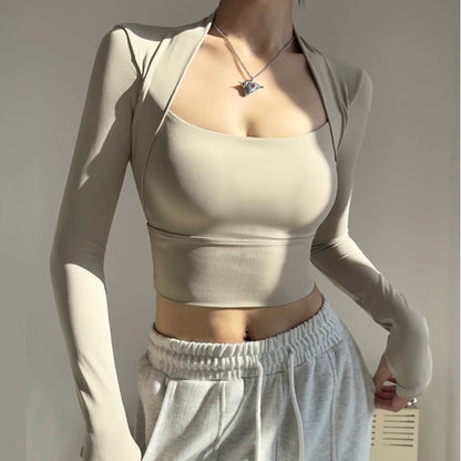Women's Elegant Long Sleeve Yoga Shawl Sports Top with Chest Cushion Short Elegant Yoga Top Small Camback Pura Speed Dry Autumn