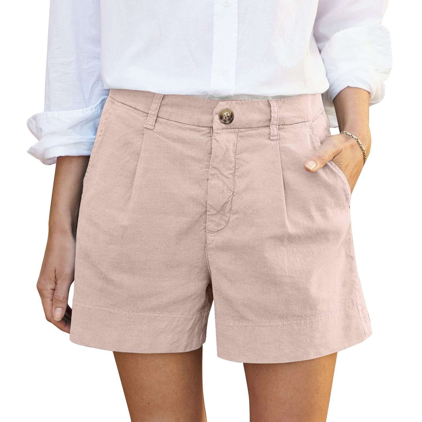 Cotton Linen Solid Shorts For Women Button High Waist Summer Loose Casual Pockets Shorts Female Pants Women Clothing