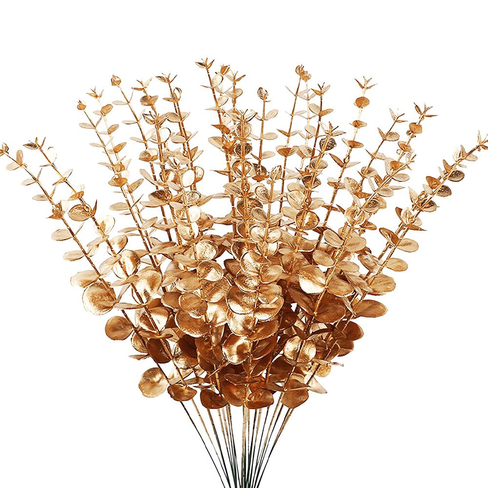 15pcs Artificial Eucalyptus Stems Gold Faux Eucalyptus Branch Wedding Bouquet DIY Decor Home Party Table Christmas Decorations
