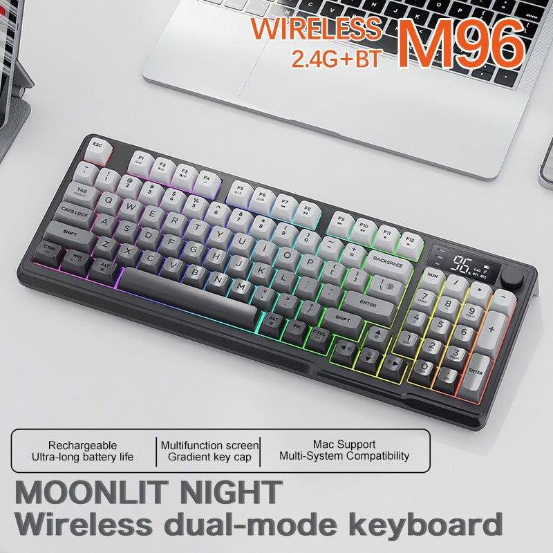 Teclado Sem Fio FreeWolf M96 com Tela, Teclado Gamer Bluetooth Conexão Dual-Mode, Conexão Multi-Dispositivos, Ergonômico