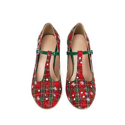 Snowflake Striped Printed Fabric Christmas New Year High Heels Women's Shoes Tapered Thick Heel T-Shaped Strap Buckle Pumps