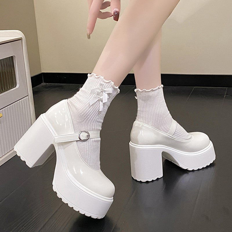 Sapatos femininos com salto plataforma grosso e alto, estilo Mary Jane, em couro PU, fivela no tornozelo, salto grosso, brancos, estilo Lolita, outono 2023