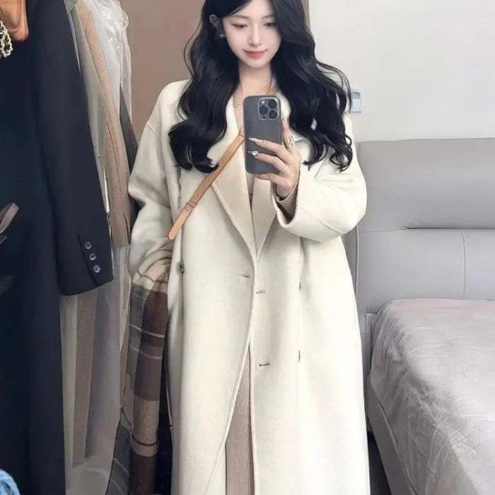 Oatmeal Color Woolen Coat Women's Loose Mid-Length Korean Style Autumn Winter New Arrival Fashion Outerwear Pure Color Full Slee