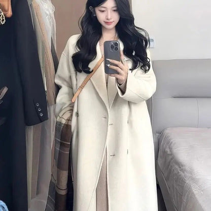 Oatmeal Color Woolen Coat Women's Loose Mid-Length Korean Style Autumn Winter New Arrival Fashion Outerwear Pure Color Full Slee