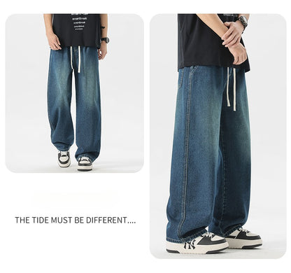 Calça Jeans Masculina Americana Solta Perna Larga Reta Casual Street Hip-hop Folgada Jeans Preto Cinza Azul Streetwear Masculino