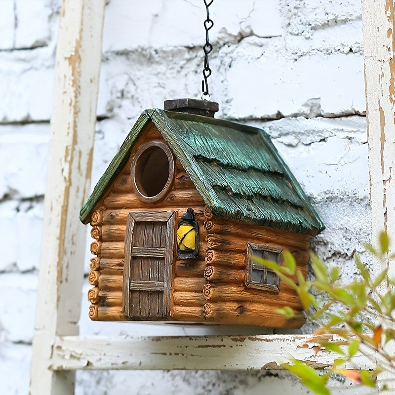 Casa de Pássaro Rústica para Jardim, Resina ABS Durável com Telhado de Madeira. Ideal para Observação de Pássaros e Decoração Externa. Não Precisa de Bateria.