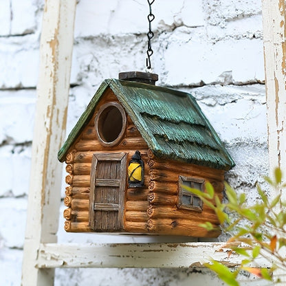 Casa de Pássaro Rústica para Jardim, Resina ABS Durável com Telhado de Madeira. Ideal para Observação de Pássaros e Decoração Externa. Não Precisa de Bateria.