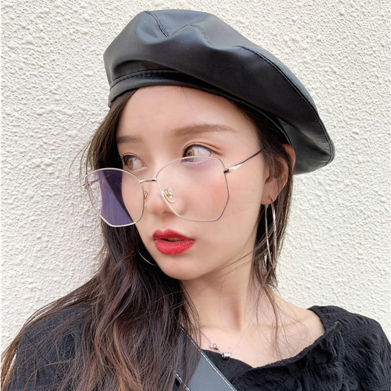 Women Girl Beret Hat French Retro Artist Beanie Hat Elegant Solid Color PU Leather Lady Painter Cap Spring Autumn Lady Berets