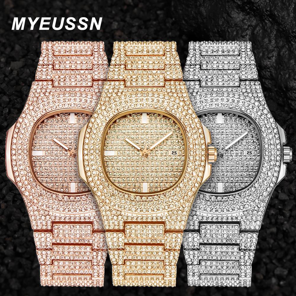 New Punk Men Watch Iced Out Diamond Sparkling Quartz Watches Fashion Hip Hop Classic Silver Color Watch Jewelry Men Women Gift