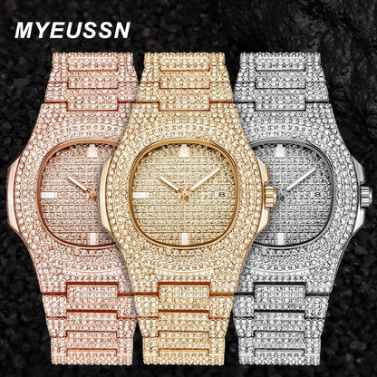 New Punk Men Watch Iced Out Diamond Sparkling Quartz Watches Fashion Hip Hop Classic Silver Color Watch Jewelry Men Women Gift