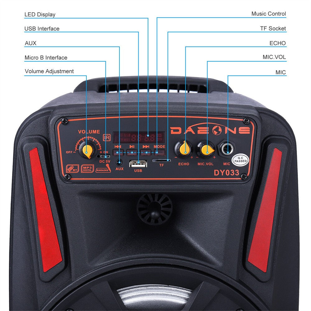 1000W Portable Bluetooth Speaker 8" Subwoofer Heavy Bass Sound System Party With Remote and Mic Led Light DJ karaoke Speaker