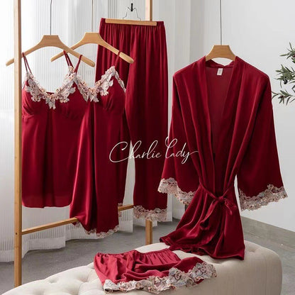 Women's Ice Silk Nightgown Set - Spring/Fall Long-Sleeve Robe Sexy Pure Desire Style with Padded Strapless Nightdress and Pants