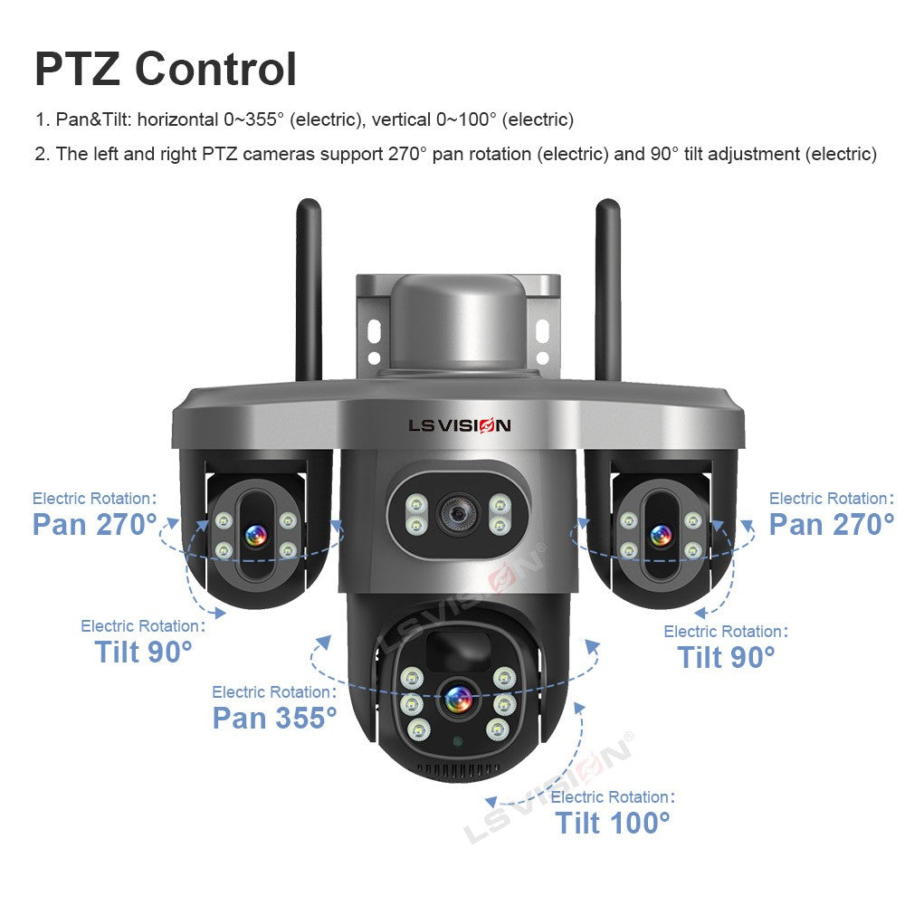 LS VISION Multiple Lens 3 Screen Wifi Outdoor Security Solar  Camera Panoramic Monitor Mobile   Siren Alarm Solar CCTV Camera