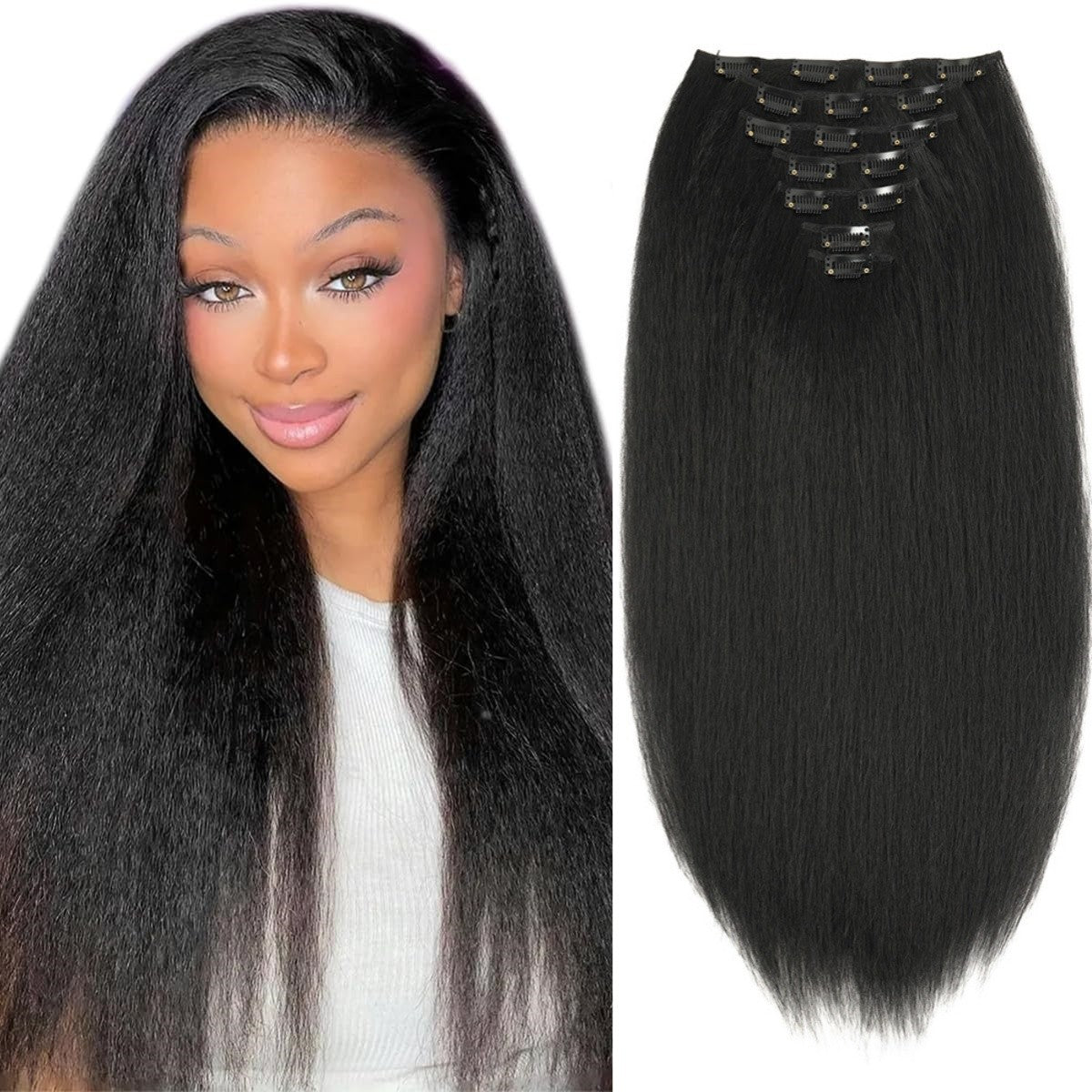 Apliques de Cabelo Sintético Kinky Liso 7 Peças 16 Clipes Yaki Liso 55cm Extensões de Cabelo para Cabeça Cheia