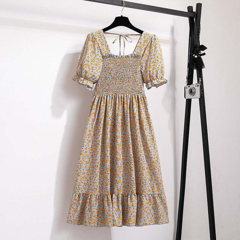 Summer Pleated Women Chiffon Dresses Casual Beach Holiday Short Sleeve Square Co
