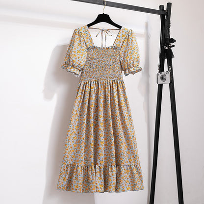 Summer Pleated Women Chiffon Dresses Casual Beach Holiday Short Sleeve Square Co