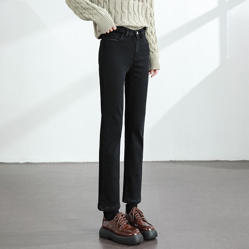 Women's Winter Fleece Warm Jeans Retro Elastic Thickened Comfortable Straight Fashion Korean Casual Female Velvet Denim Pants