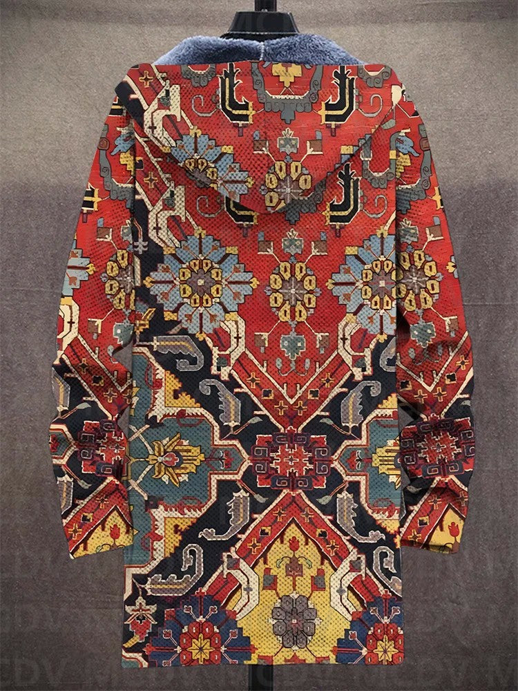 Unisex Retro Ethnic Pattern Print Plush Thick Long-Sleeved Sweater Cardigan Coat