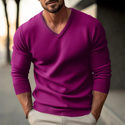 Autumn Winter Men's Knit Pullovers Solid Color V-Neck Slim Fit Long Sleeve Knitted Sweater Men Fashion Casual Pullover Sweaters