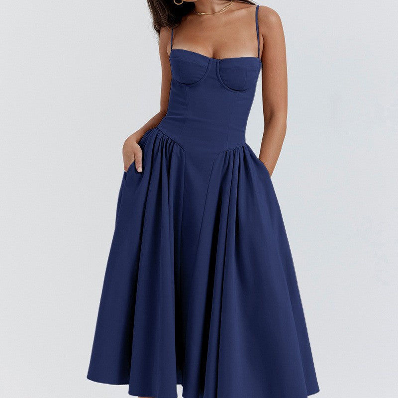 Summer Women Elegant Sleeveless Backless Pleated Dresses Lady Sexy Solid Sling M