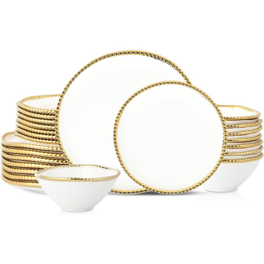 Christian Siriano Akoya Porcelain Dinnerware Set 24Piece Dish Set for 8 Plates and Bowls Set White and Gold