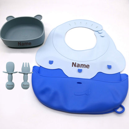 Silicone Bib & Tableware Set Waterproof & Easy to Clean Free Name Engraving Creative Gifts Customized for Babies