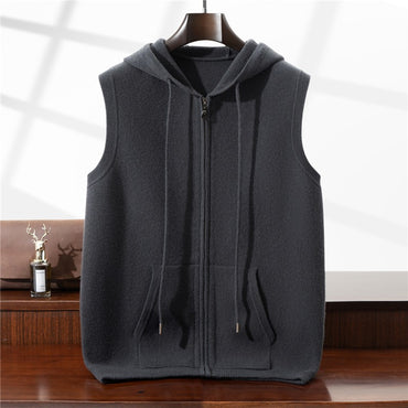 Autumn Winter Thickened Warm 100% Pure Wool Vest Men's Vest with Hood Zipper Cardigan Casual Pocket Sweater Jacket