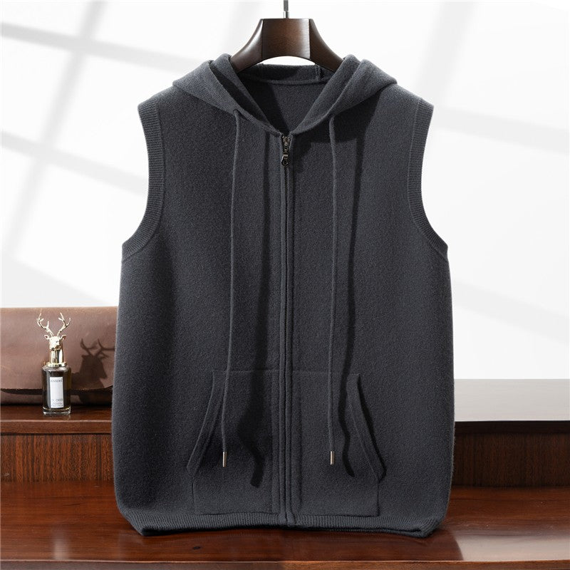 Autumn Winter Thickened Warm 100% Pure Wool Vest Men's Vest with Hood Zipper Cardigan Casual Pocket Sweater Jacket
