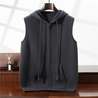 Autumn Winter Thickened Warm 100% Pure Wool Vest Men's Vest with Hood Zipper Cardigan Casual Pocket Sweater Jacket