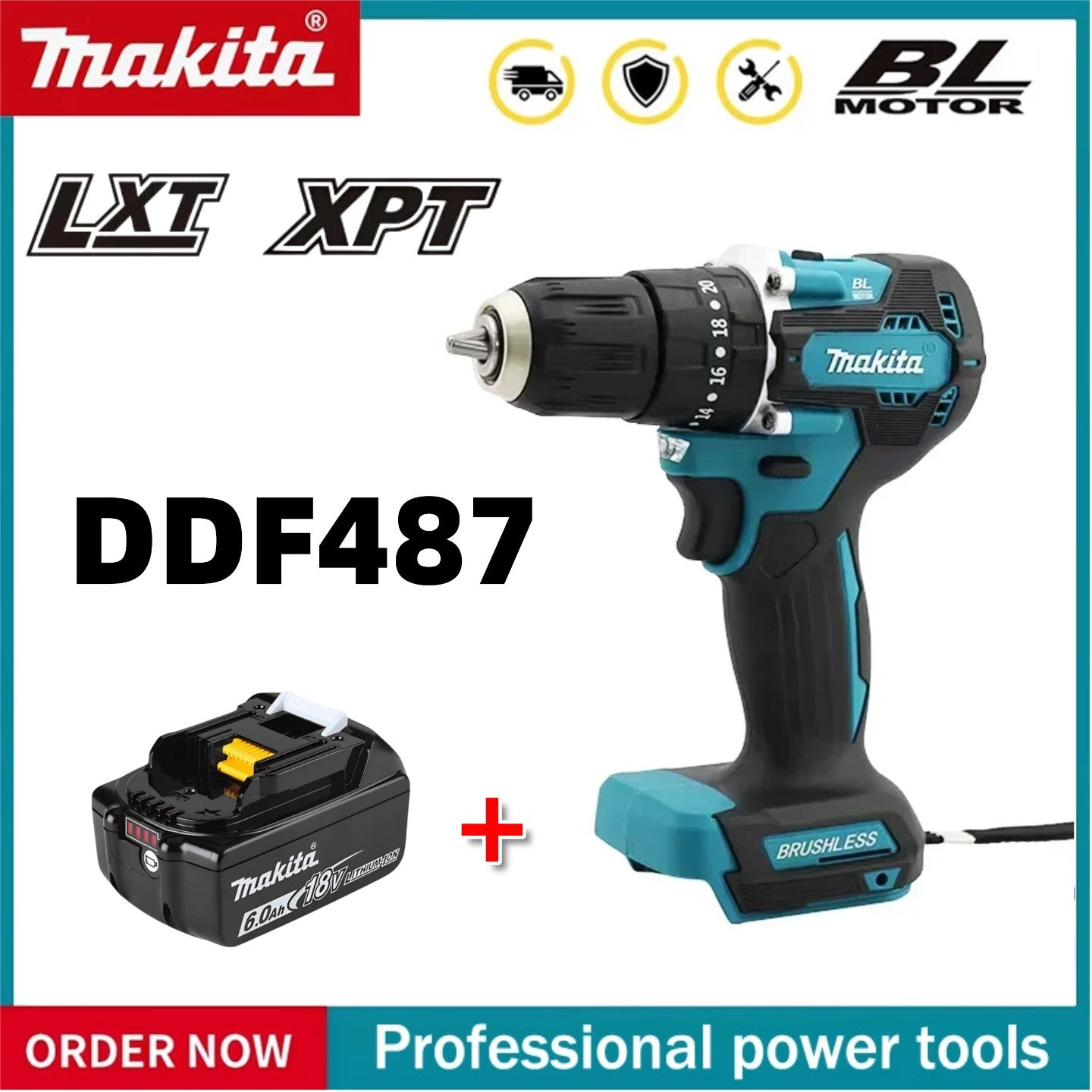 Parafusadeira/furadeira a bateria Makita DDF487 sem escovas, parafusadeira elétrica de impacto equipada com bateria Makita 18V 6AH? ferramenta elétrica recarregável