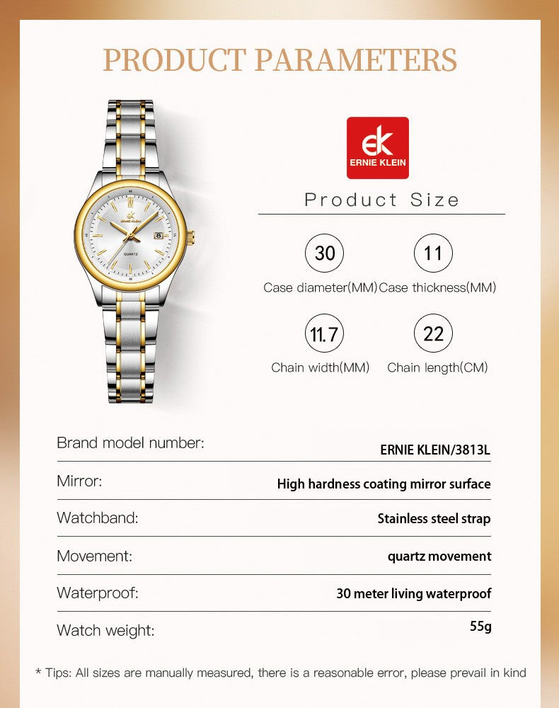 ERNIE KLEIN Women’s Watch Luxury Gold Watch OriginalDate Week Stainless Steel Waterproof Luminous Elegant Dress Ladies' Watches