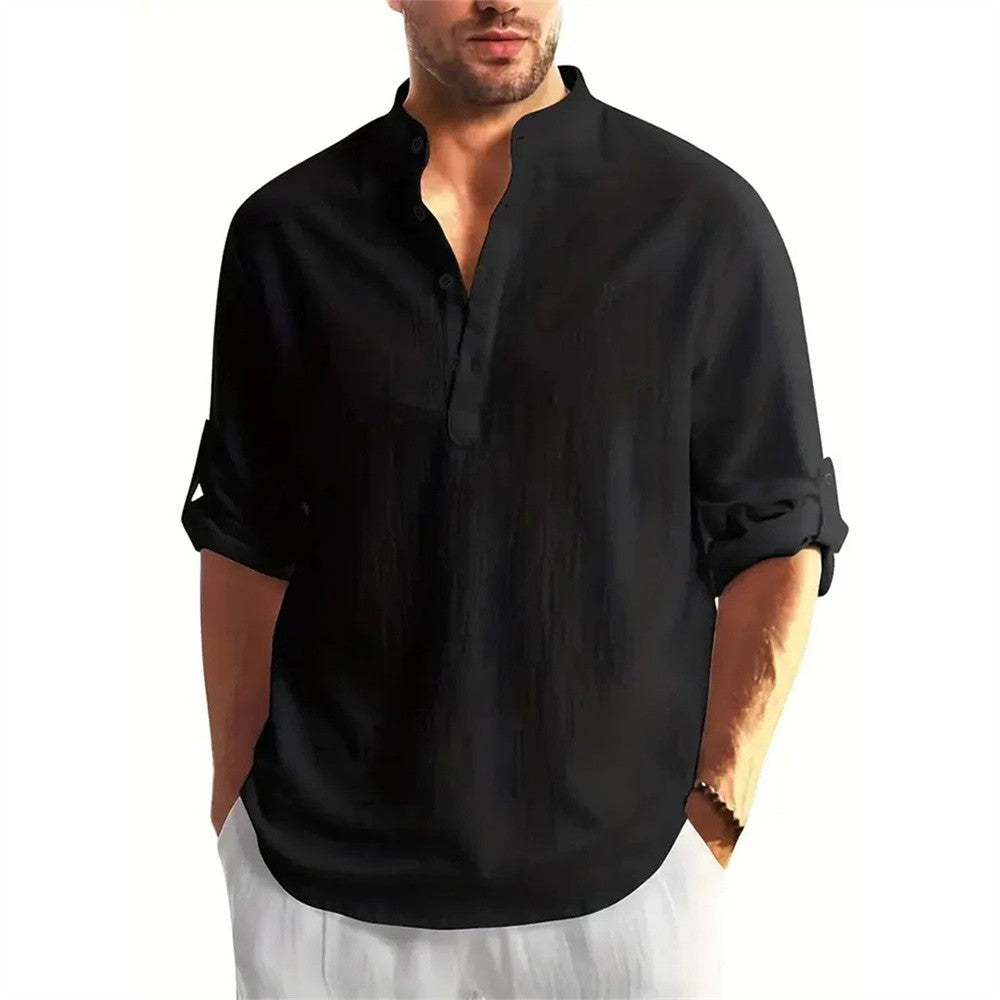Autumn New Men's Cotton Linen Long Sleeve T-shirt Solid Color Henley Collar Lightweight Breathable Men's Casual Button Top