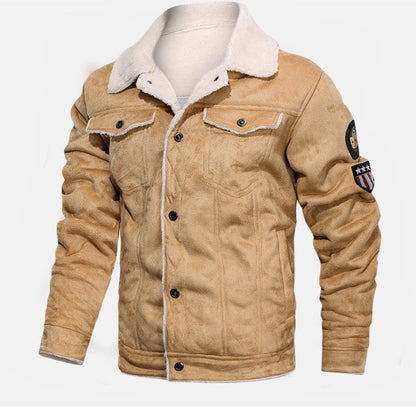 Autumn Winter Coat Men Jacket Vintage Solid Turn-Down Collar Outdoor Training Suede Zip Pocket Lamb Fleece Collar Warm Jacket