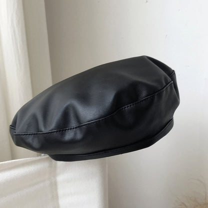 Women Girl Beret Hat French Retro Artist Beanie Hat Elegant Solid Color PU Leather Lady Painter Cap Spring Autumn Lady Berets