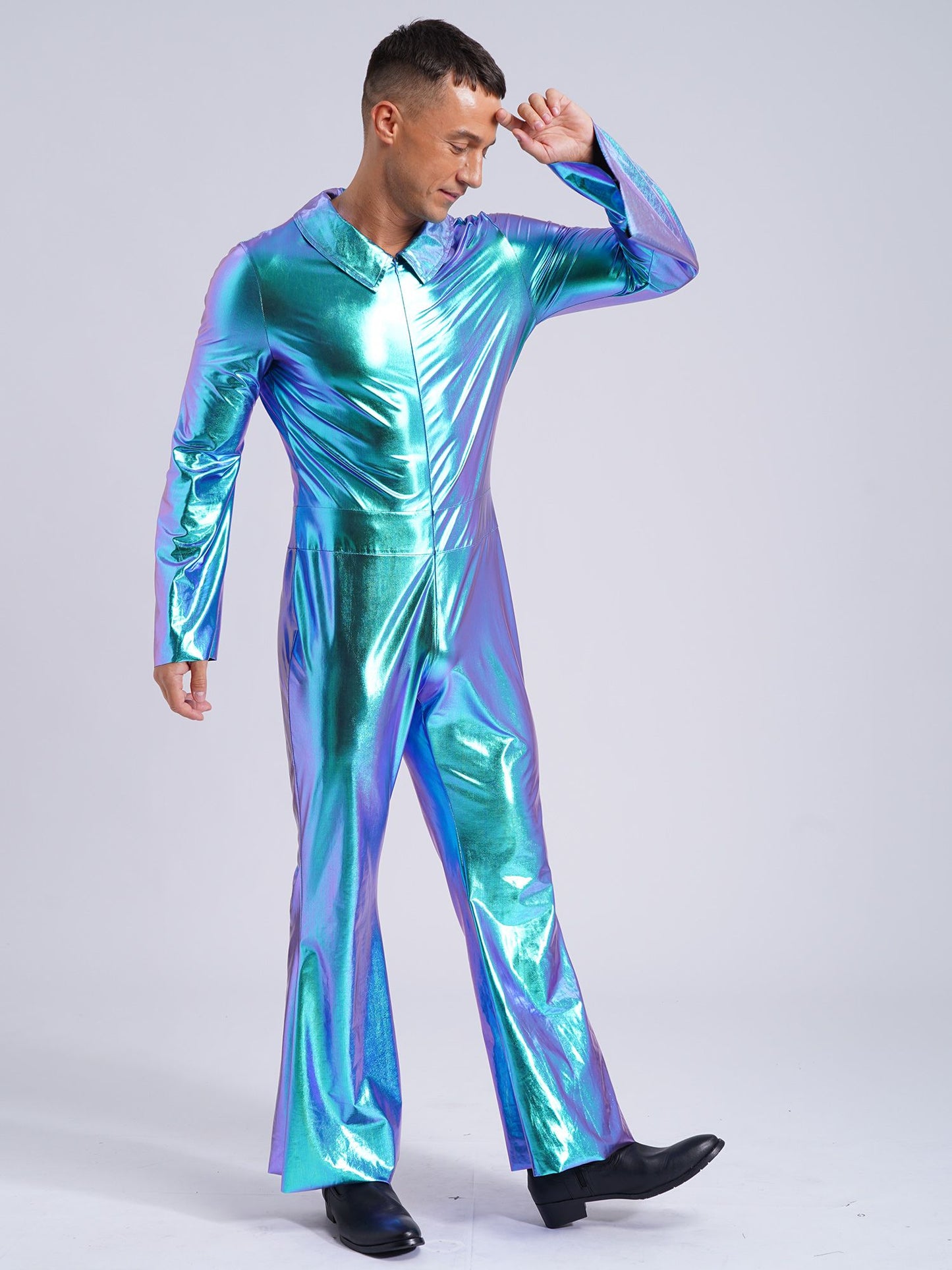 Men Bell Bottom Pants Jumpsuit Rompers Vintage 80s Disco Hippie Costume for Rock Jazz Dancewear Musical Theme Party Dress-up