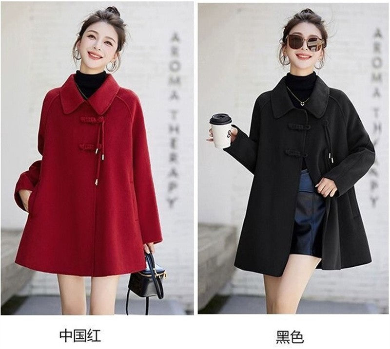 High Quality Woolen Coat Women 2025 Autumn Winter New Cloak Long Wool Jacket Chinese Retro Buckle Ladies Overwear Korean Outcoat
