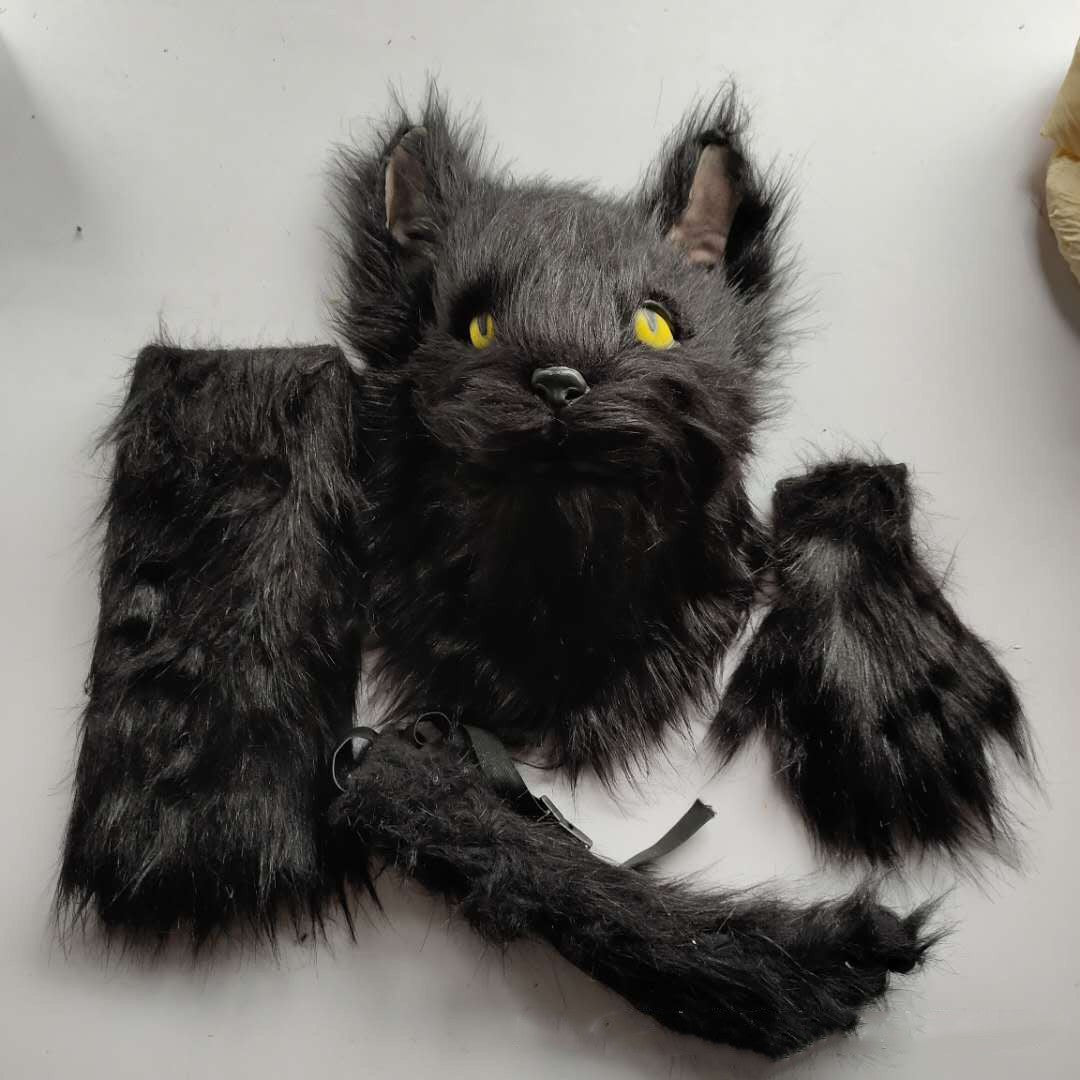 Latex with Fur Black Cat Cosplay Mask Scary Helmet Animal Funny Costume Hood Hair Mask Headwear Adult Halloween Party Props